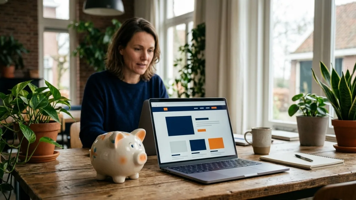 Spaarpot naast een laptop met een website
