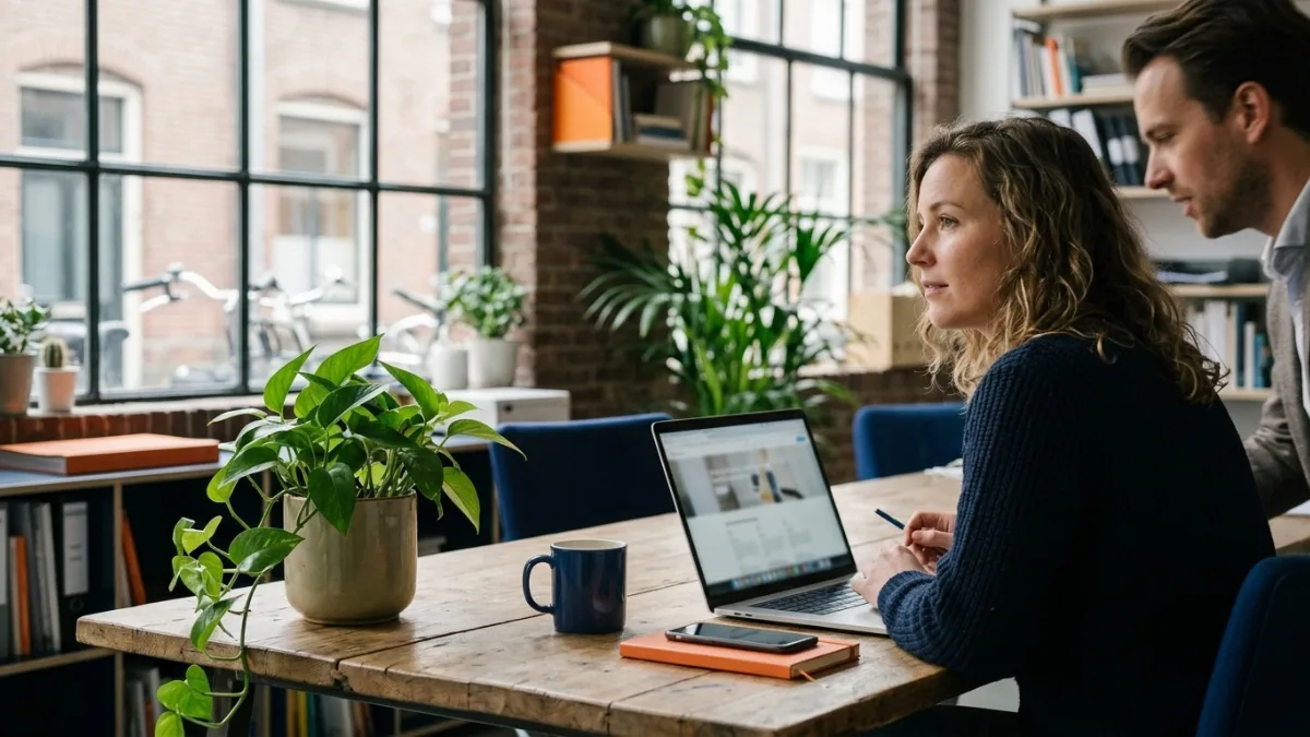 Opgeruimde werkplek met laptop en plant