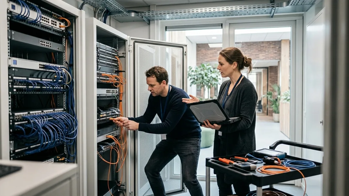 Serverruimte met medewerkers die de systemen controleren