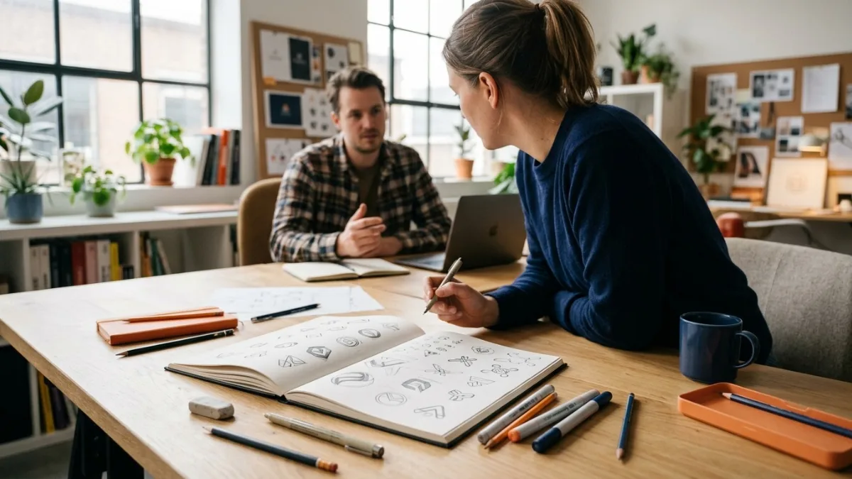 Schetsboek met een ontwerp op een bureau