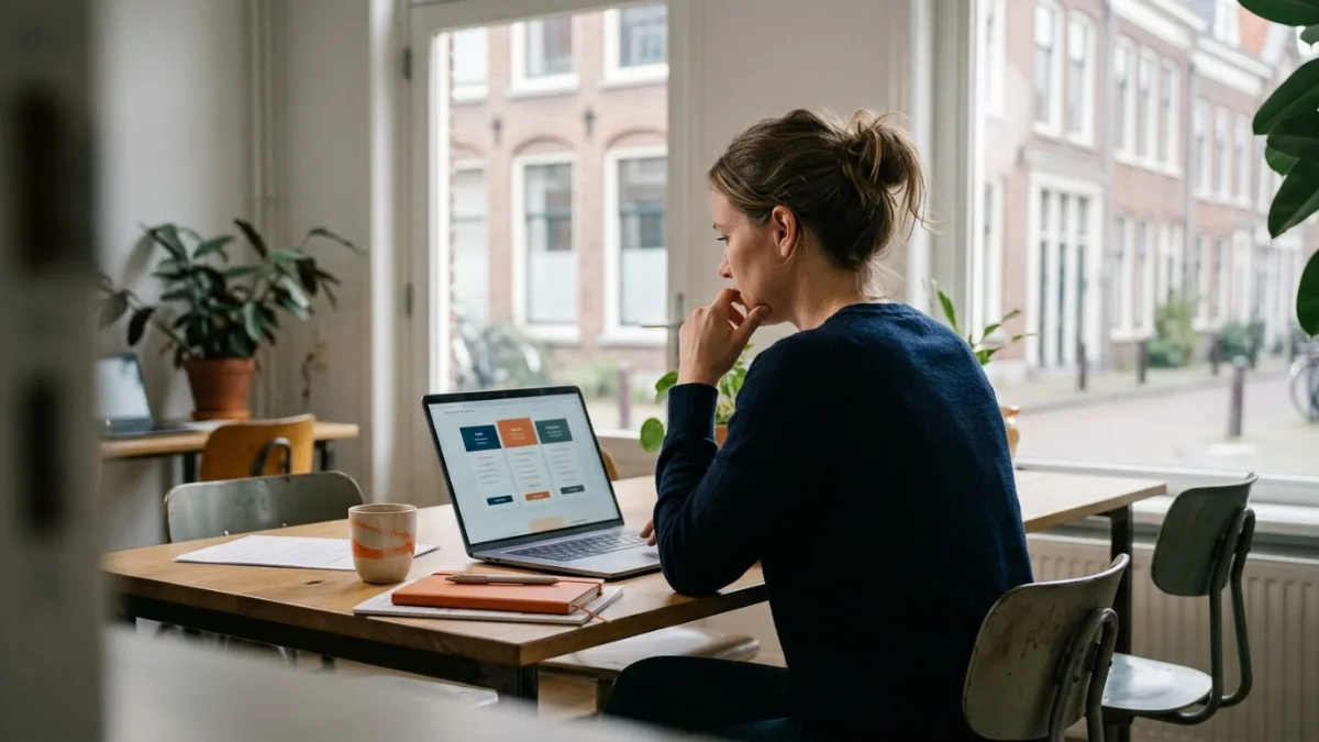 Ondernemer vergelijkt websitepakketten op een laptop