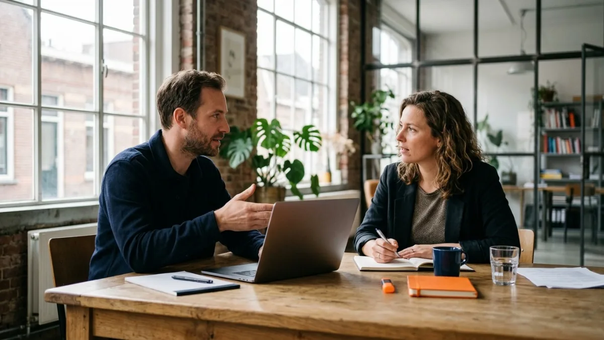 Ondernemers overleggen aan tafel met laptop en notitieblok