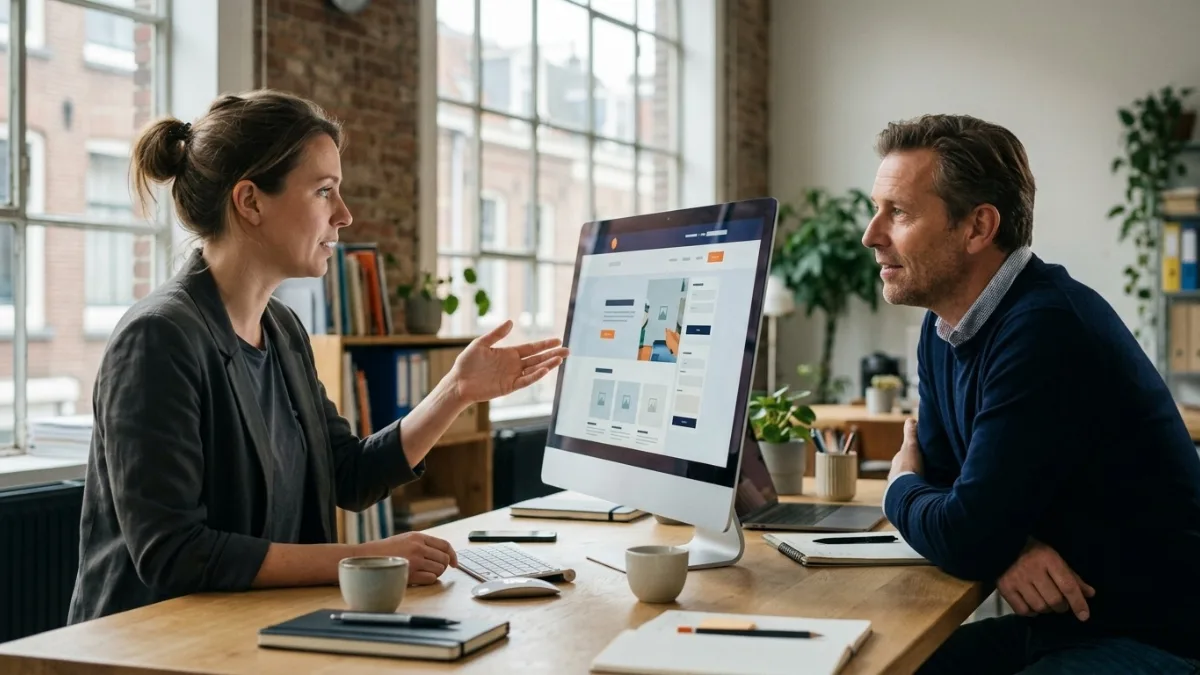 Webdesigner bespreekt een websiteontwerp met een ondernemer