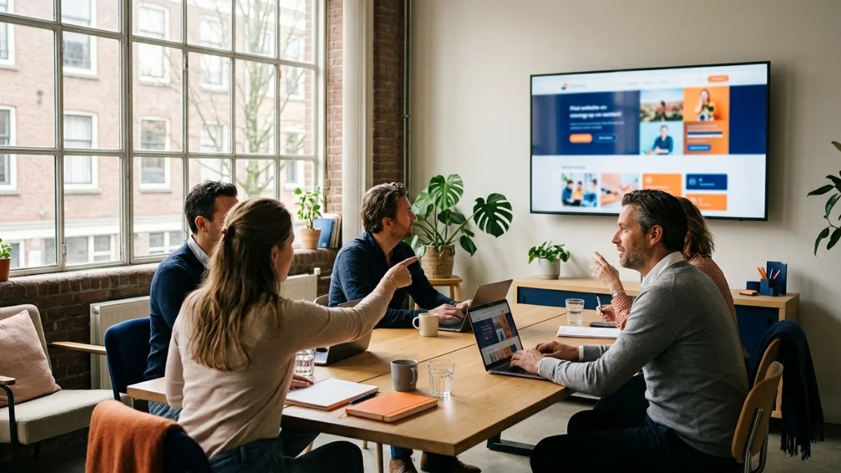 Mkb-team bekijkt een nieuwe website op een groot scherm