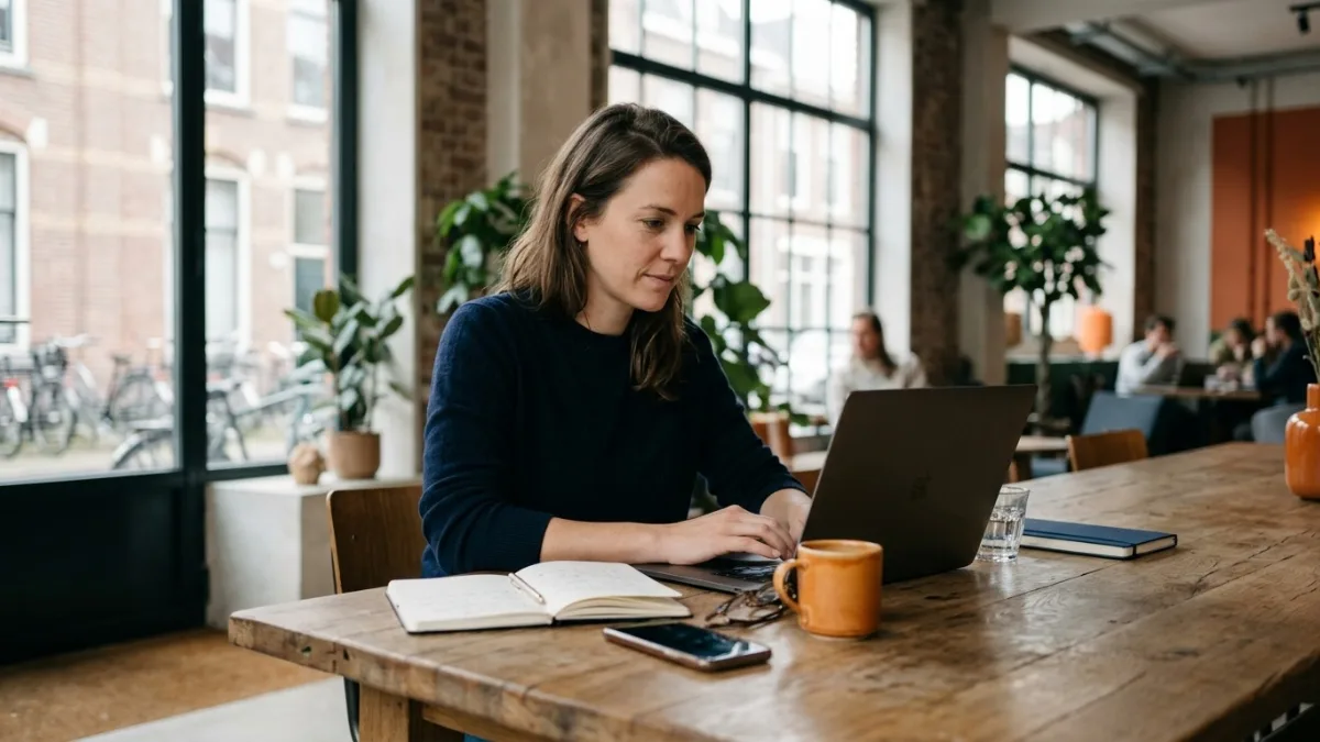 Zzp'er werkt op een laptop aan een houten tafel