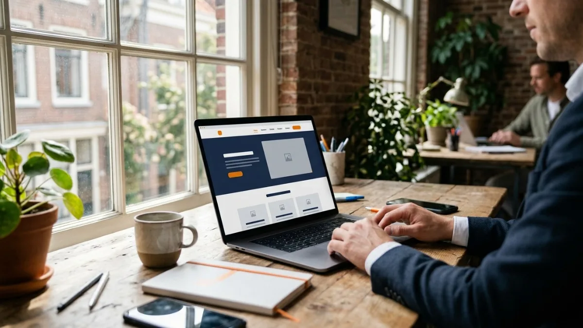 Laptop op een bureau bij het raam in een licht kantoor