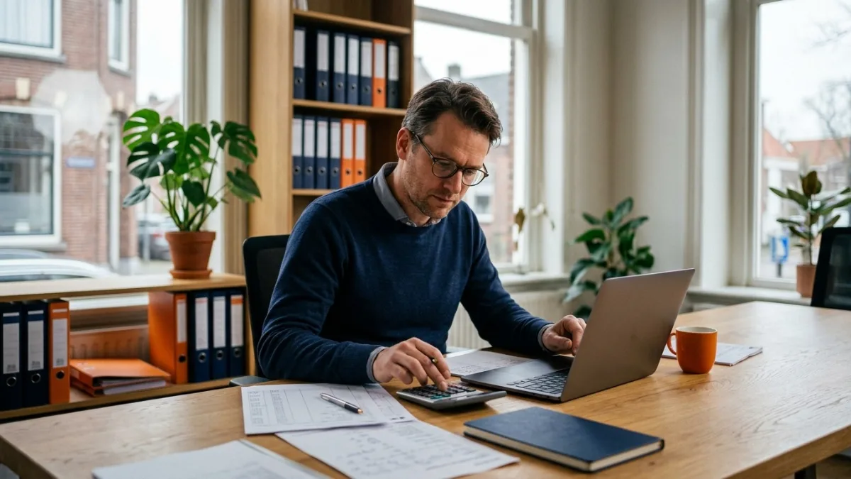 Accountant werkt met rekenmachine en laptop