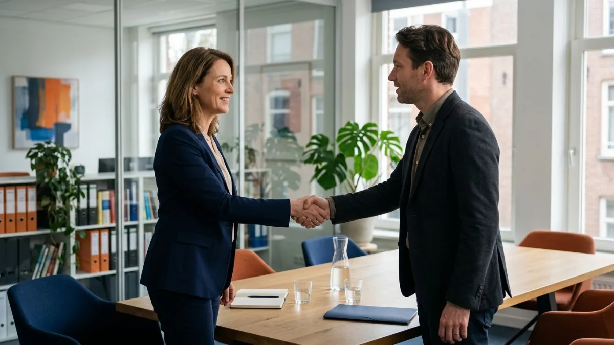 Handdruk na een gesprek op kantoor