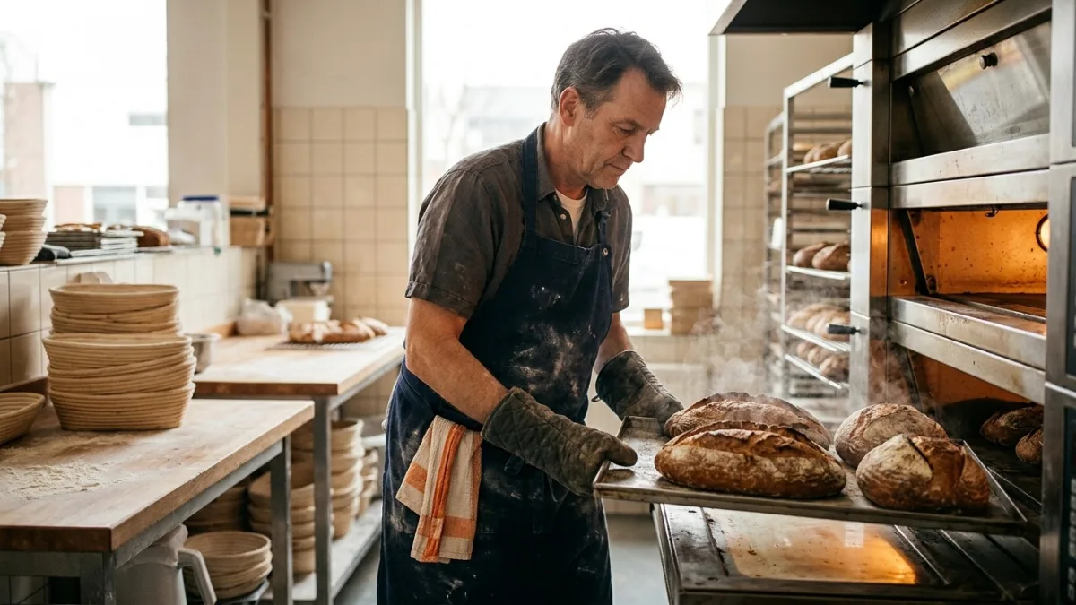 Bakker haalt brood uit de oven