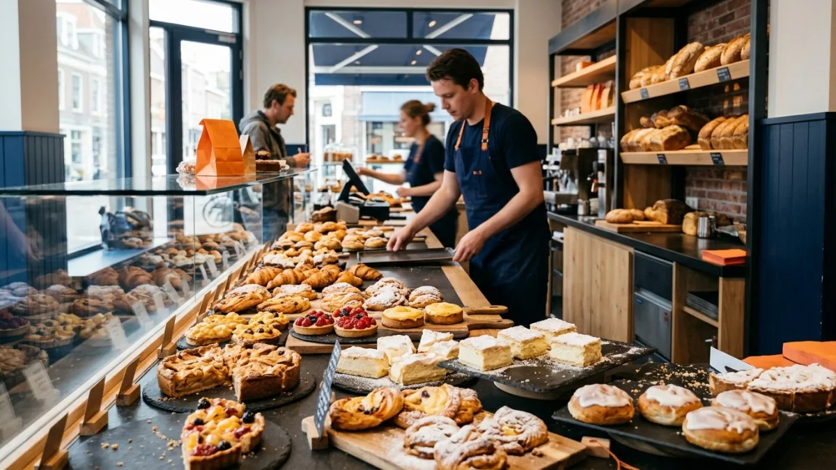 Toonbank van een bakkerij met gebak