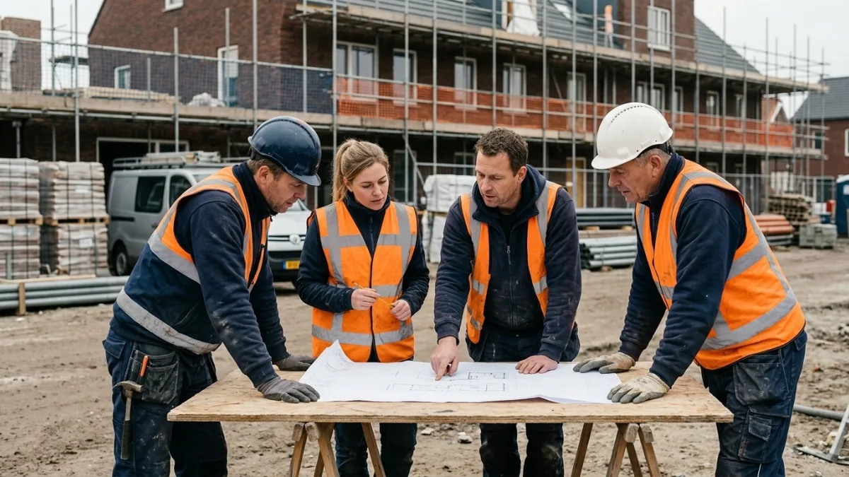 Bouwteam bespreekt een bouwtekening