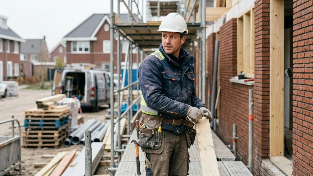 Bouwvakker met gereedschapsriem op de bouwplaats
