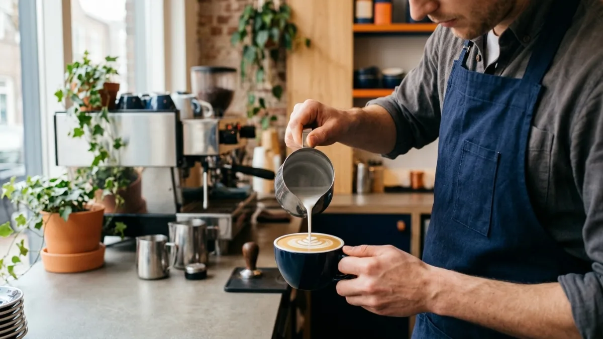 Barista schenkt een cappuccino