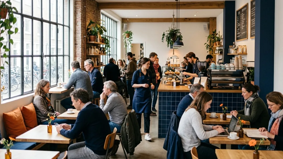 Interieur van een druk café met koffiebar