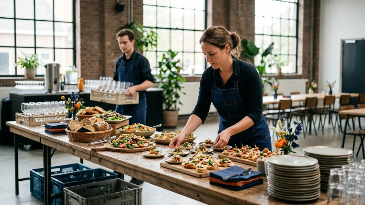 Cateraar richt een buffet in