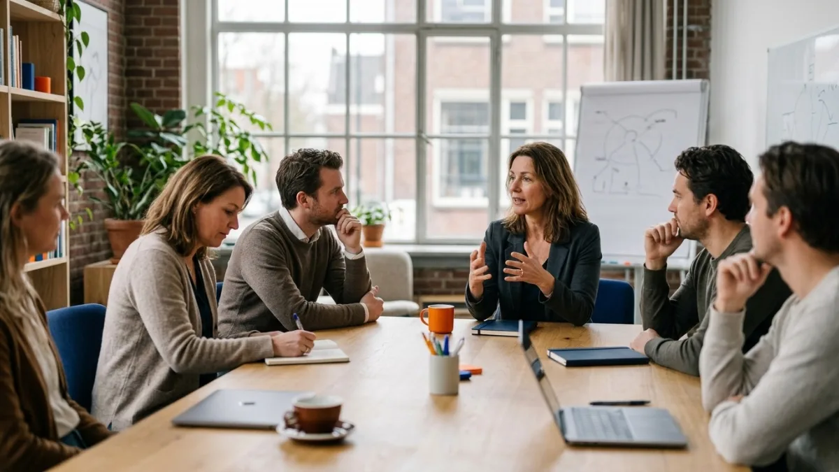 Coach in gesprek met een groep deelnemers