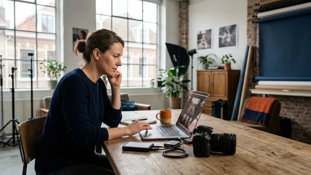Fotograaf bekijkt foto's op een laptop