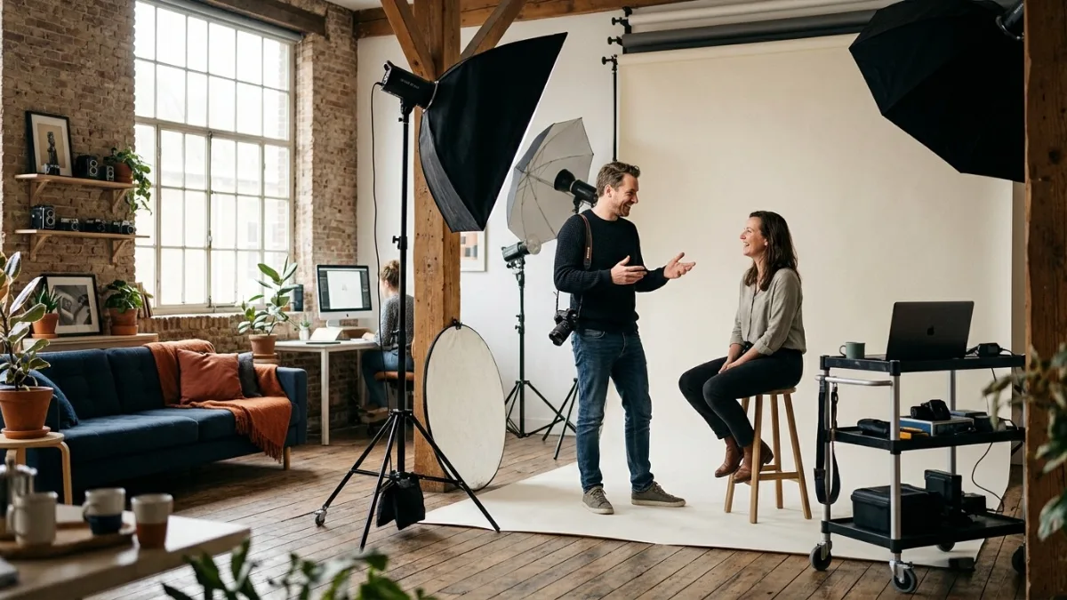 Fotostudio met lampen en achtergrond