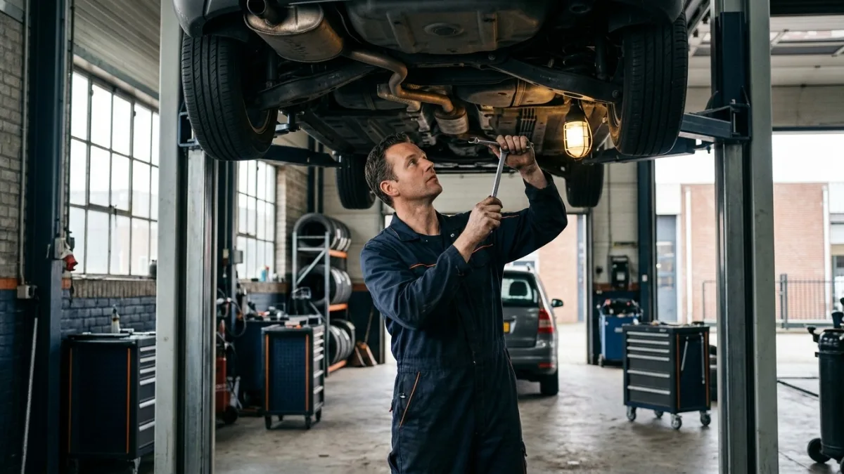 Monteur werkt onder een klassieke auto in een garage