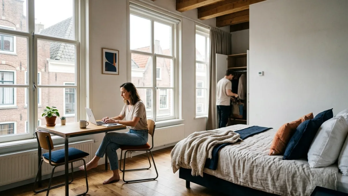 Lichte hotelkamer met bed en bureau