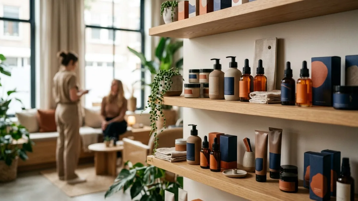 Verzorgingsproducten op een plank in de salon