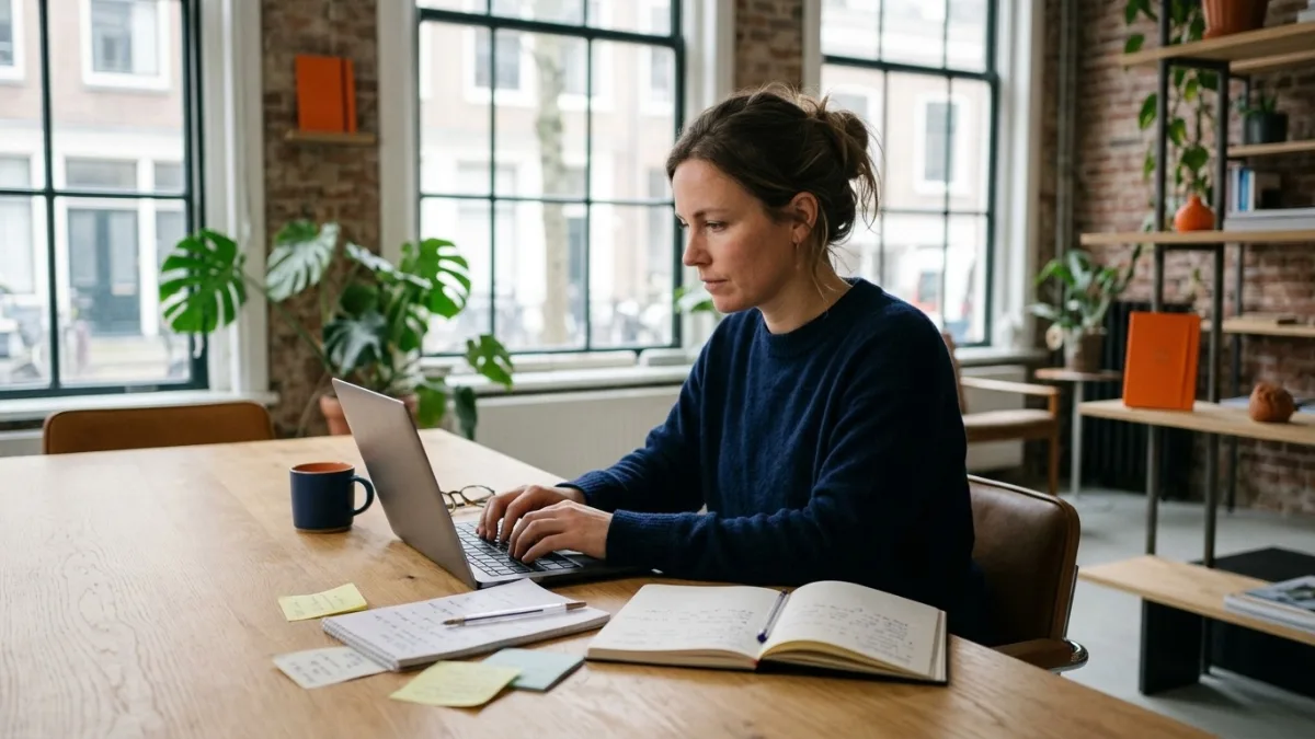 Tekstschrijver werkt aan webteksten op een laptop
