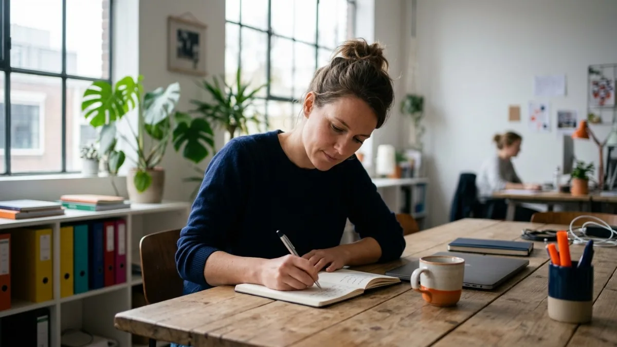 Tekstschrijver schrijft met een pen in een notitieboek